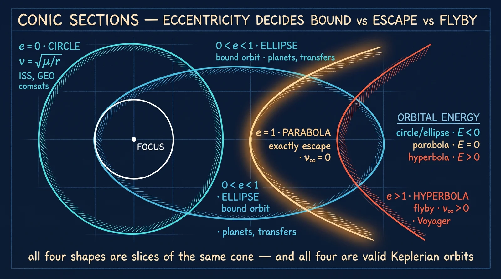 Four conics from cutting a cone: circle, ellipse, parabola, hyperbola. Eccentricity sets which.