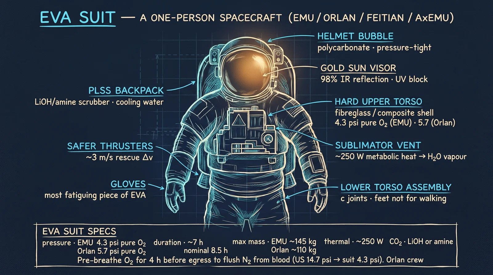 PLSS backpack on the back · gold sun visor · hard upper torso · liquid-cooling garment underneath · LiOH or amine CO₂ scrubber · sublimator dumps ~250 W of metabolic heat as water vapour · SAFER mini-thruster pack with ~3 m/s of nitrogen Δv for rescue.