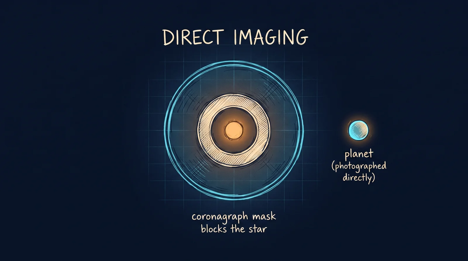 A coronagraph masks the star's glare so the faint, nearby planet becomes visible.