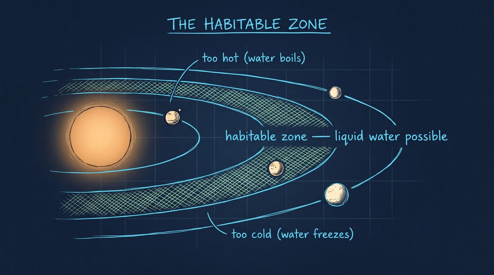 The habitable zone (shaded) — orbits where a rocky planet could hold liquid water; inward is too hot, outward too cold.