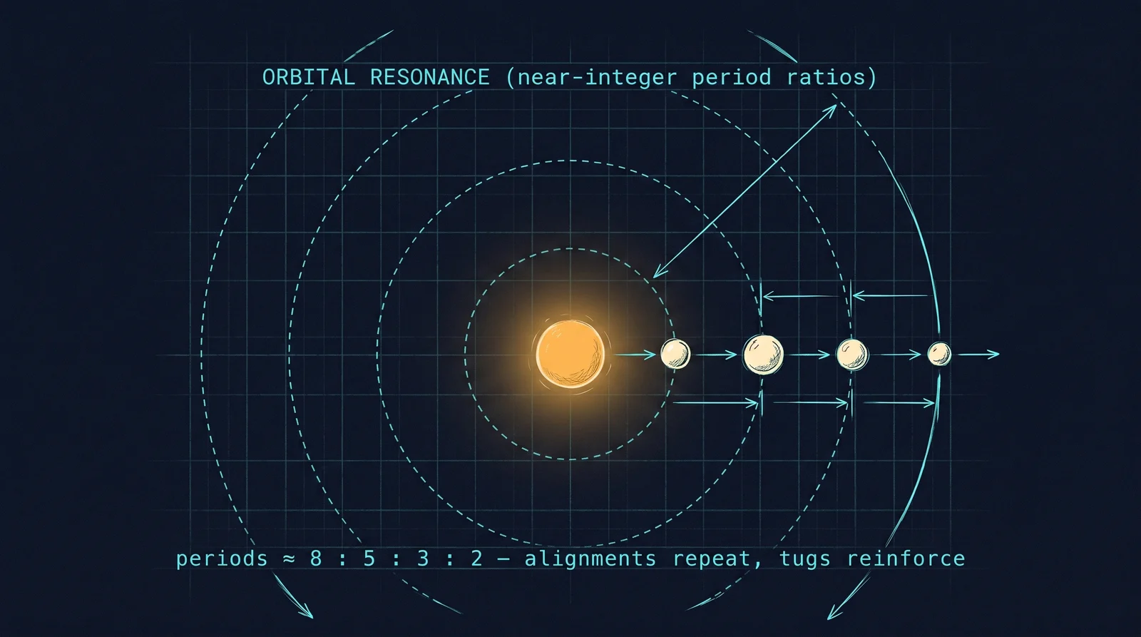 Planets in near-integer period ratios line up repeatedly, so their gravitational tugs reinforce.