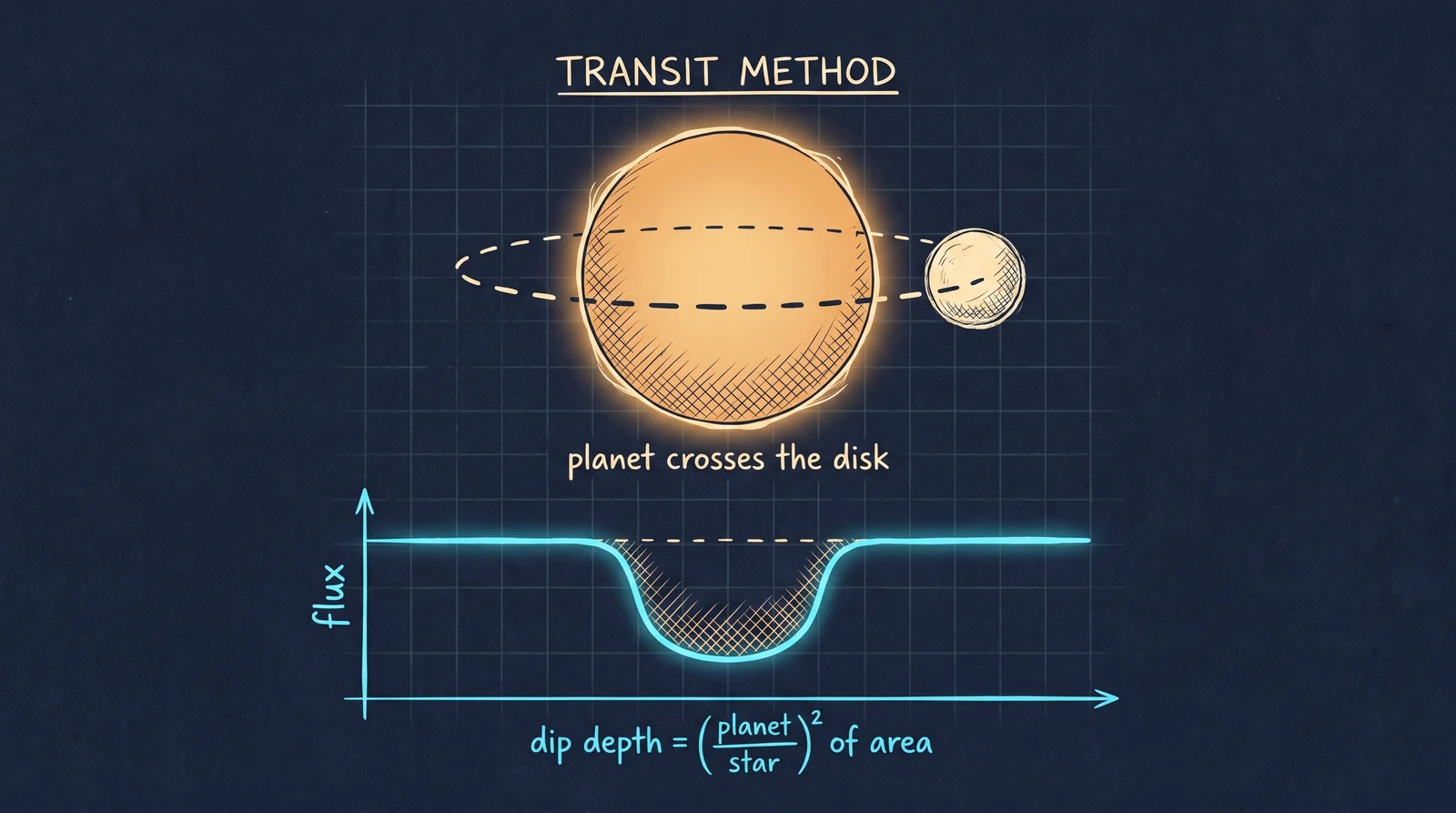 As the planet crosses the star's disk, the measured brightness drops by the ratio of their areas, then recovers.