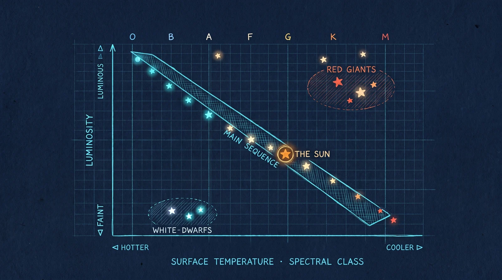 The Hertzsprung–Russell diagram: temperature (hot O-stars left, cool M-stars right) against luminosity (bright top, faint bottom). The main sequence runs corner to corner; red giants sit top-right, white dwarfs bottom-left. The Sun is a G-type main-sequence star, marked near the centre — the same axes the /explore HR-lens re-plots the real neighbourhood stars onto.