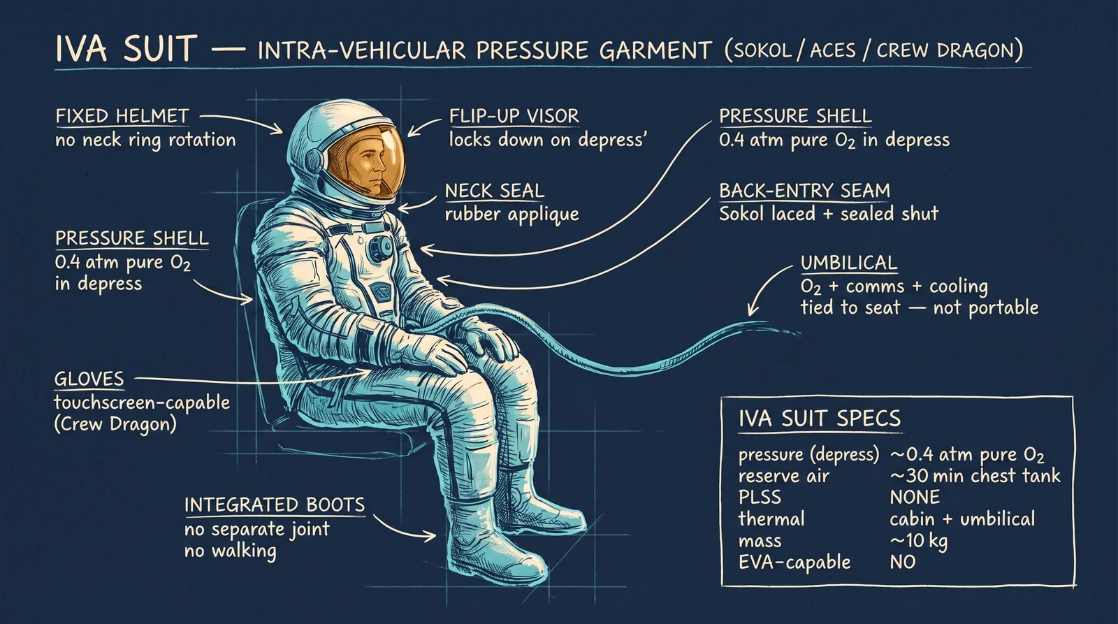 An IVA suit is a pressure container with arms — back-entry zipper (Sokol) or front-entry (ACES/SpaceX), umbilical for O₂ + comms + cooling water, helmet visor that locks down on depress, gloves that work in shirtsleeves. No PLSS backpack, no sublimator, no spacewalking.
