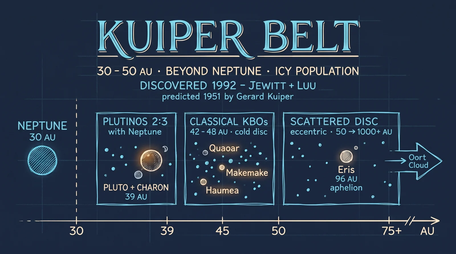 The Kuiper Belt's three populations. Classical KBOs at 42–48 AU on near-circular orbits; resonant Plutinos in 2:3 with Neptune (Pluto + Charon at 39 AU); the scattered disc extending eccentrically toward the inner Oort Cloud (Eris's aphelion is at 96 AU).