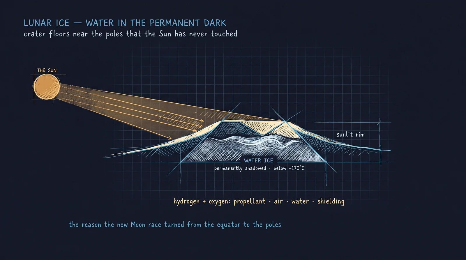 Cross-section of a lunar south-pole crater — sunlight skims the rim while the floor stays permanently shadowed, cold-trapping water ice delivered over geological time.