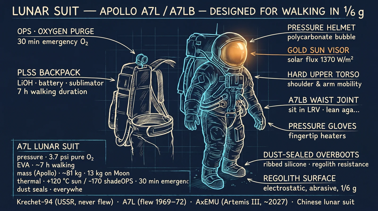 A7L-class lunar suit: hard-upper-torso pressure shell · soft articulating arm/leg joints · over-the-shoulder PLSS backpack · OPS emergency O₂ cylinder on top · aluminised IR-reflective outer layer · dust-sealed lunar overboot · 3.7 psi operating pressure for maximum mobility.