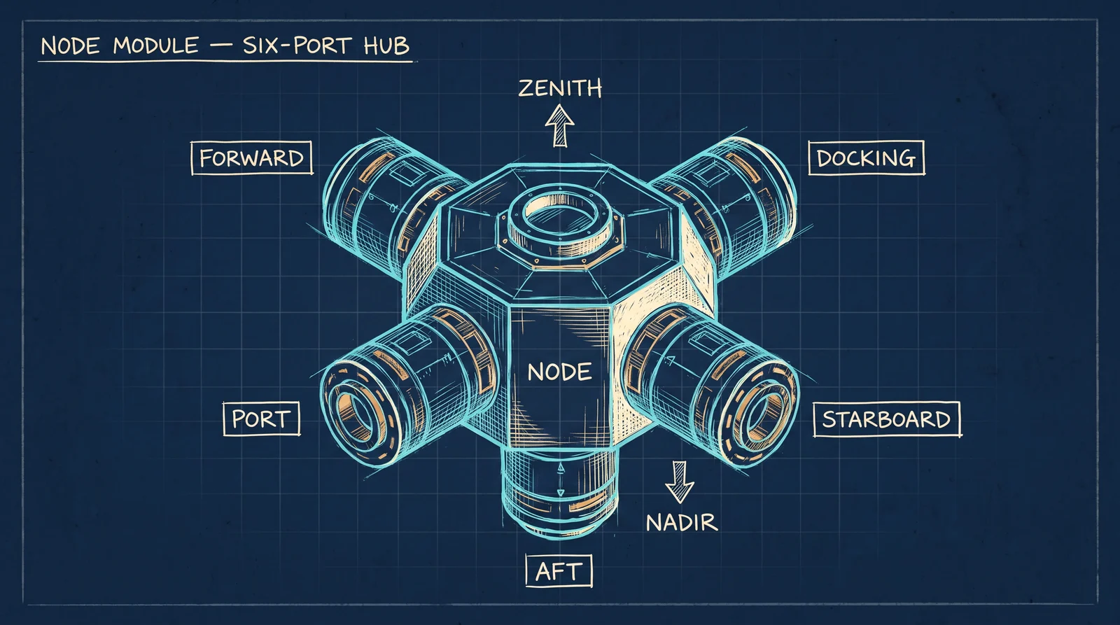 Hexagonal node module with six docking ports labelled forward / aft / port / starboard / zenith / nadir.
