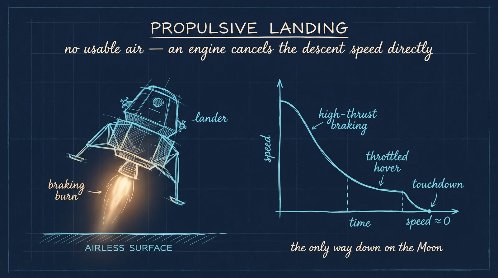 Propulsive landing: with no usable air, an engine cancels the descent speed directly — a braking burn, then a throttled hover to touchdown.