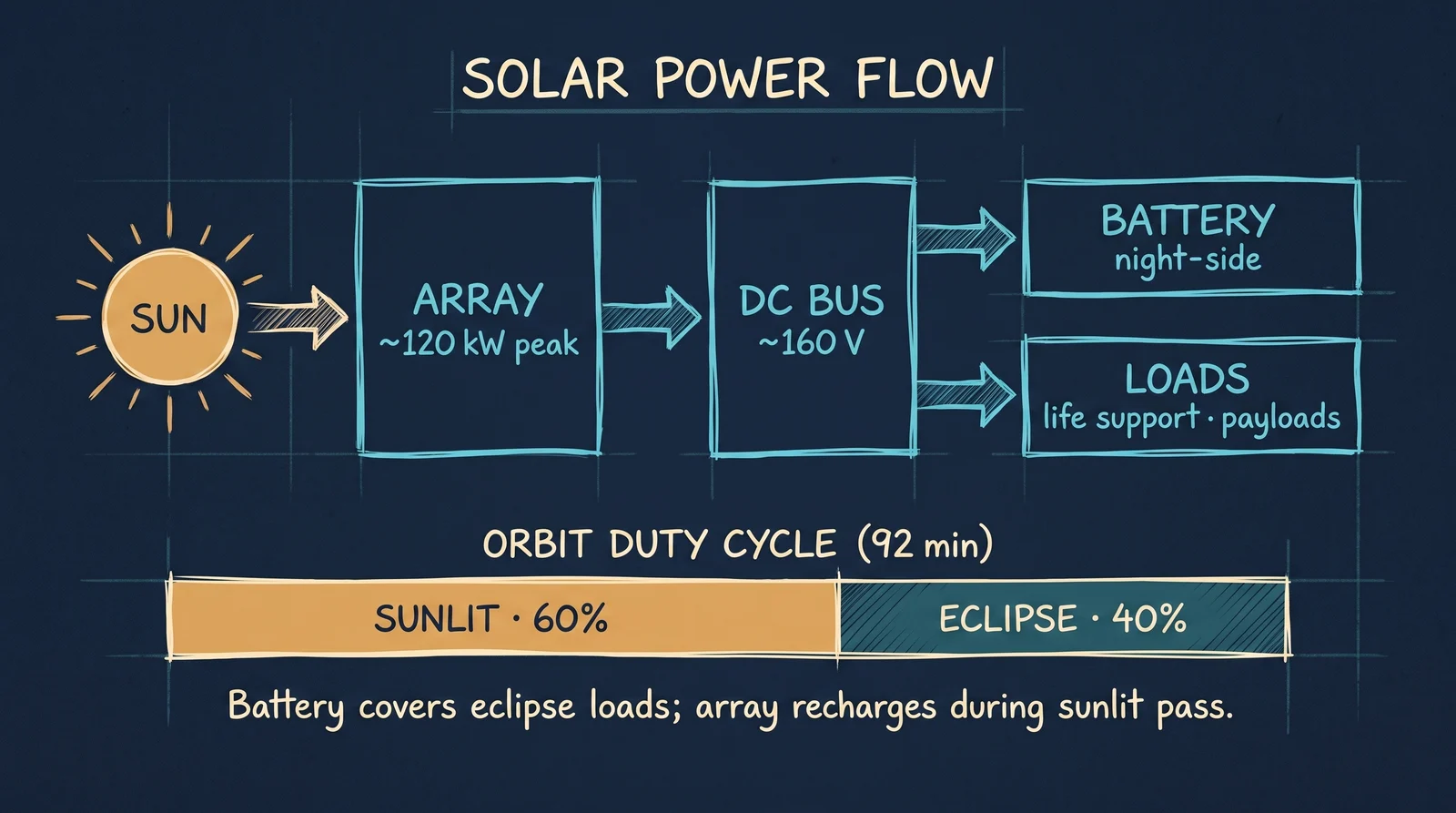 Solar input → array → DC bus → battery + loads. Duty cycle bar shows the 60% sunlit fraction per 92-minute orbit.