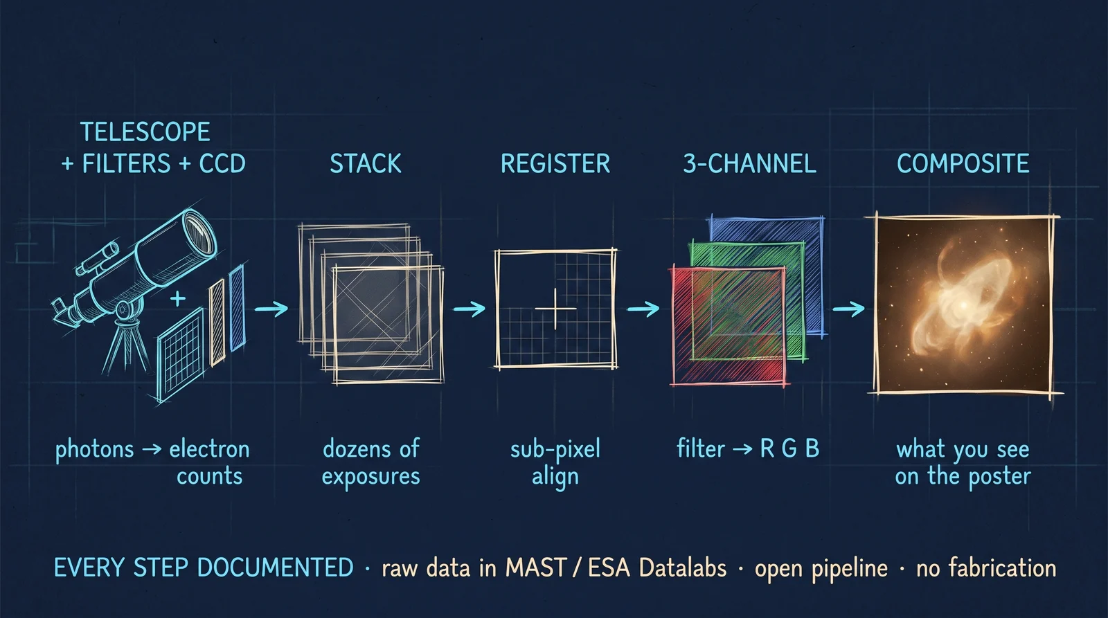 Filter → CCD → stack → register → calibrate → composite → colour-map. Six steps, hours of compute, real data the whole way through.