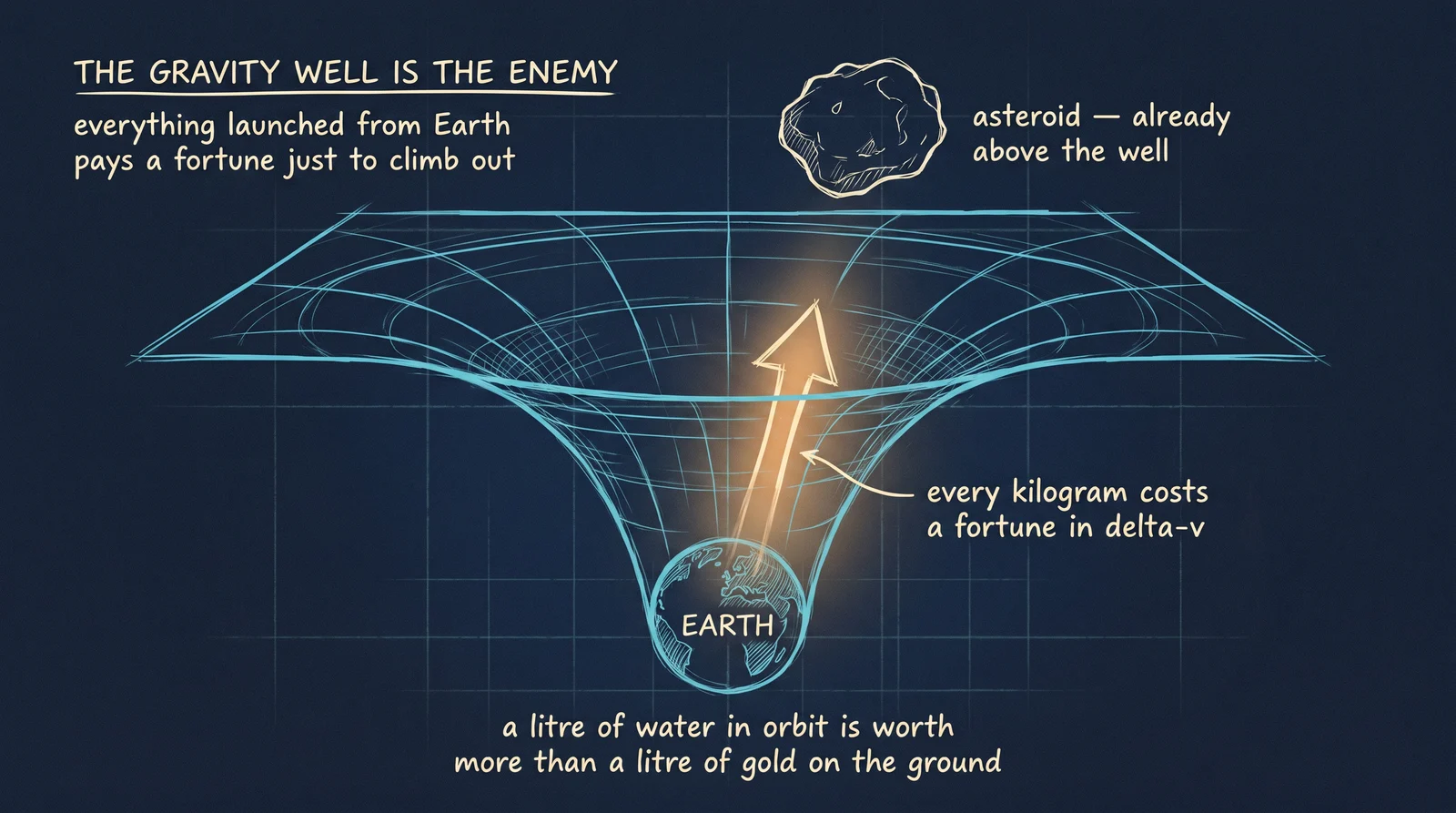 Every kilogram launched from Earth pays a brutal toll in delta-v just to climb out of the planet’s gravity well. Anything already in space — an asteroid drifting above the rim — has that price paid. Which is why a litre of water parked in orbit is worth more than a litre of gold sitting on the ground.