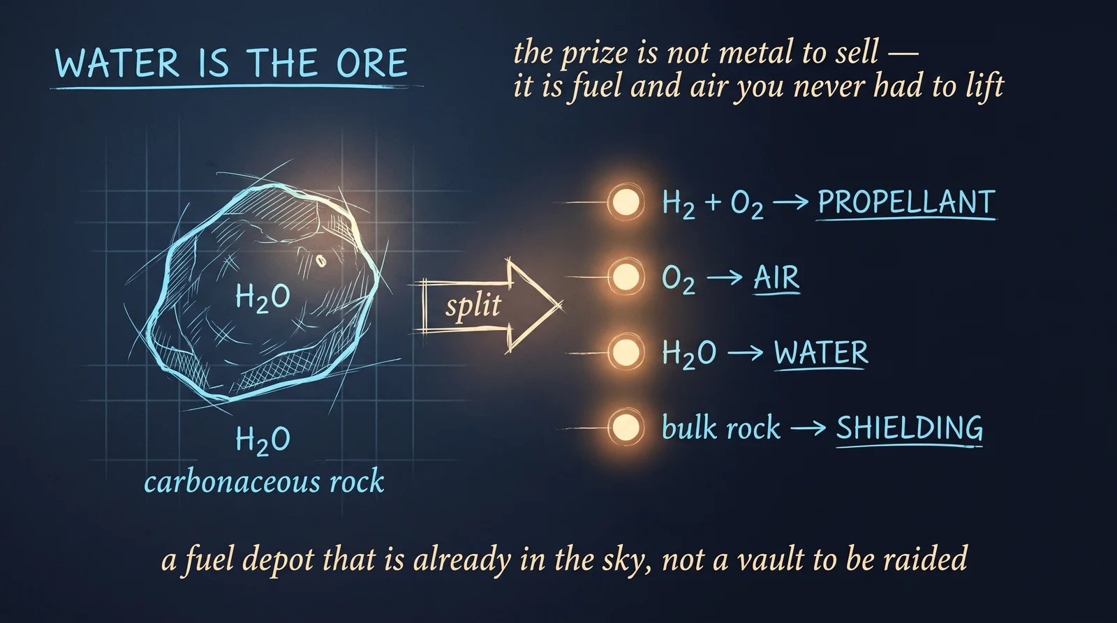 Split asteroid water and you have hydrogen and oxygen — rocket propellant — plus air to breathe, water to drink, and bulk rock for radiation shielding. The prize was never metal to sell back home; it is a fuel depot that is already in the sky.