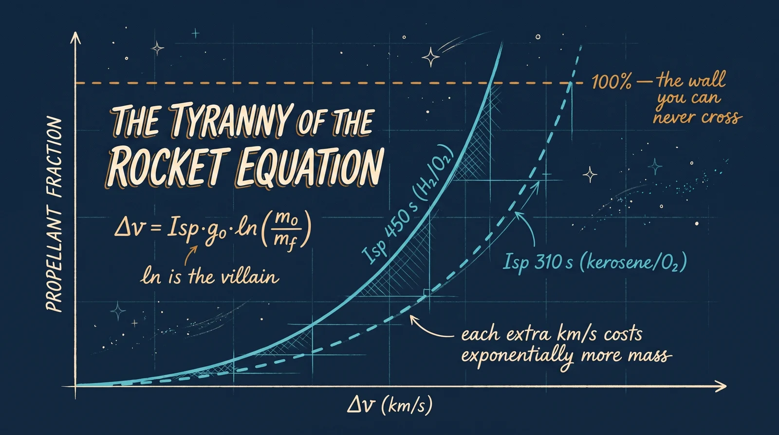 The rocket equation’s exponential wall: at chemical efficiency, each extra kilometre per second demands a wildly larger propellant fraction — and the closer you push toward a real destination, the steeper the price climbs.