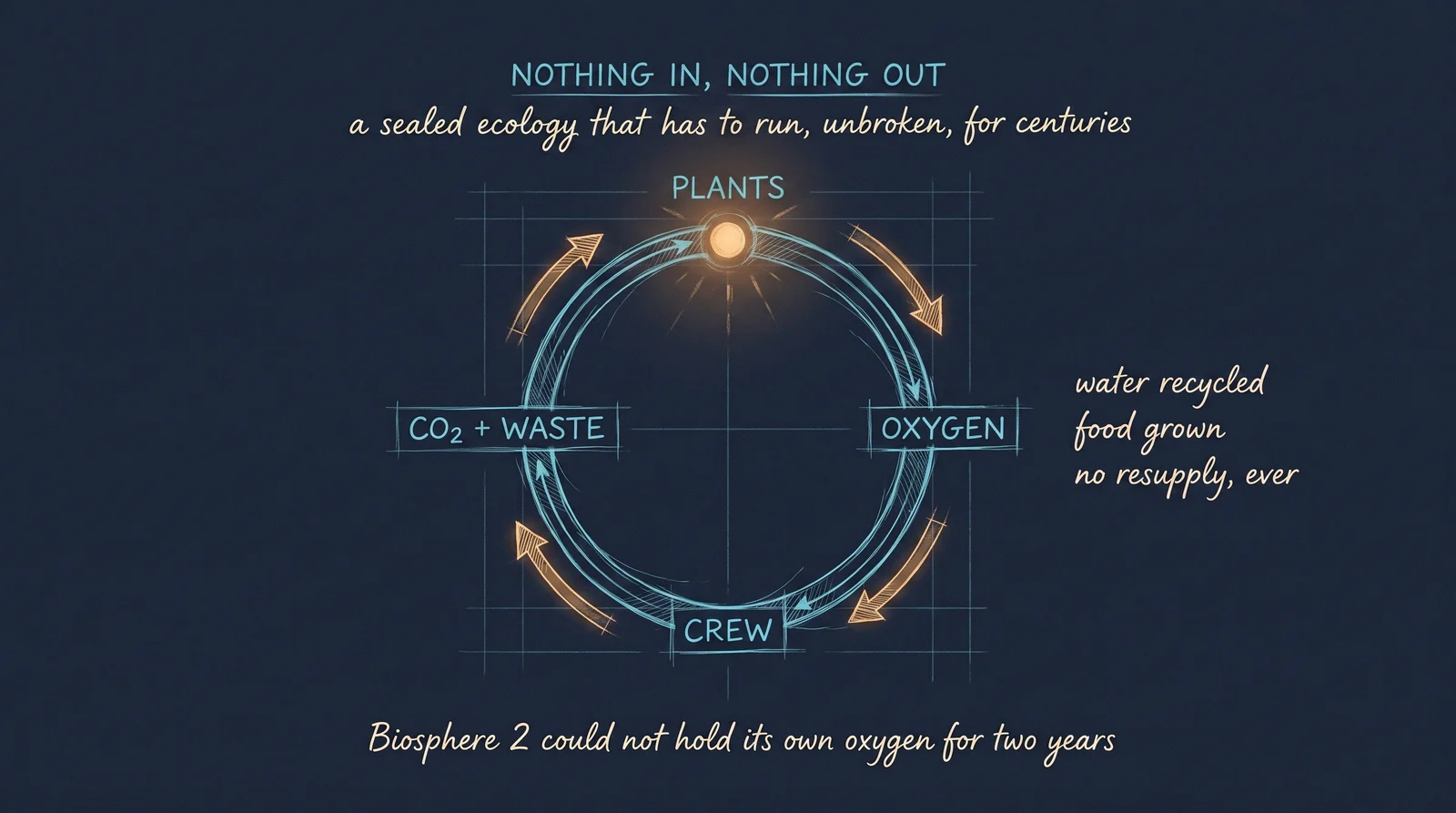 Nothing arrives and nothing leaves. The ecology has to run unbroken for centuries — air, water, and food cycled endlessly, with no resupply and no ground control to call. Biosphere 2, a sealed three-acre ecosystem, could not hold its own oxygen steady for even two years.