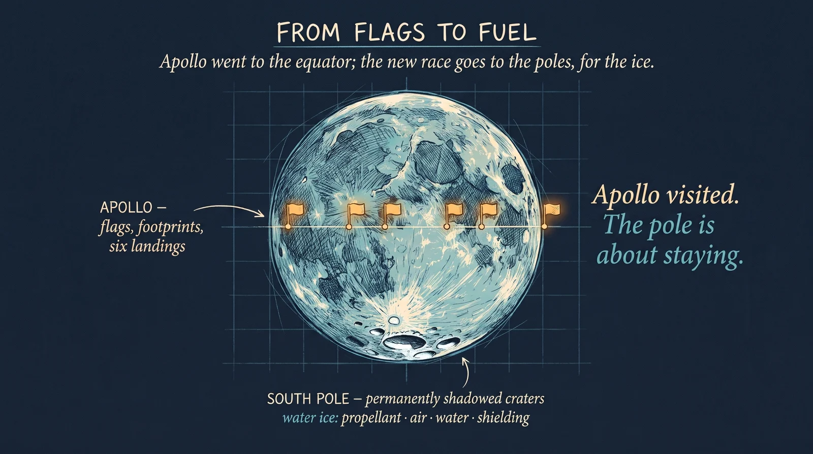 Apollo went to the equator, where landing and operating are easiest. The new race goes to the poles, for what the permanently shadowed craters are thought to hold: water ice — hydrogen and oxygen, which is to say propellant, air, water, and shielding. The shift is from visiting to staying.