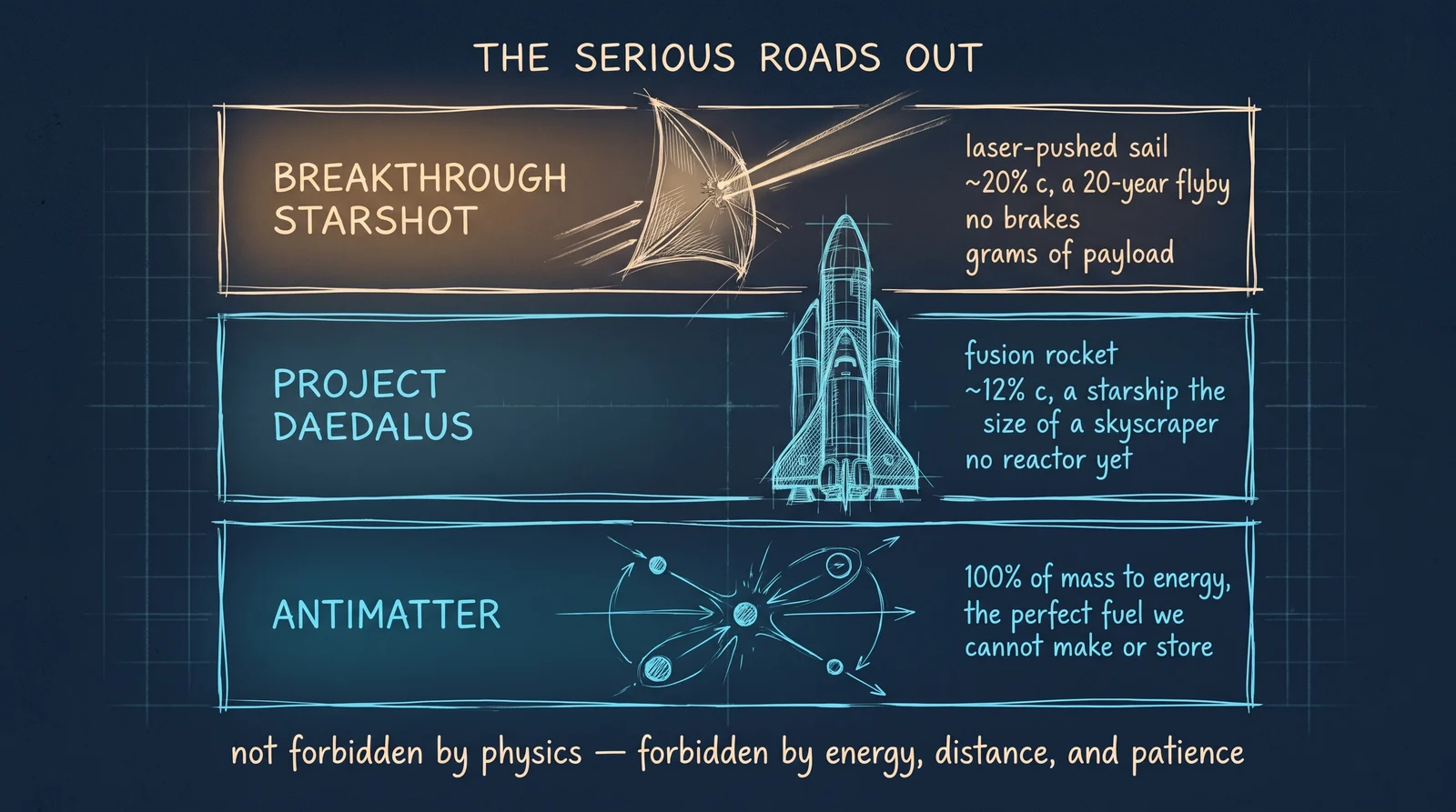 Three concepts survive honest scrutiny: a laser-pushed nanosail (Breakthrough Starshot) that could fly past a nearby star in decades, a fusion starship (Project Daedalus) the size of a building, and antimatter’s perfect but unmakeable fuel. None is forbidden by physics — all are forbidden by energy, distance, and patience.