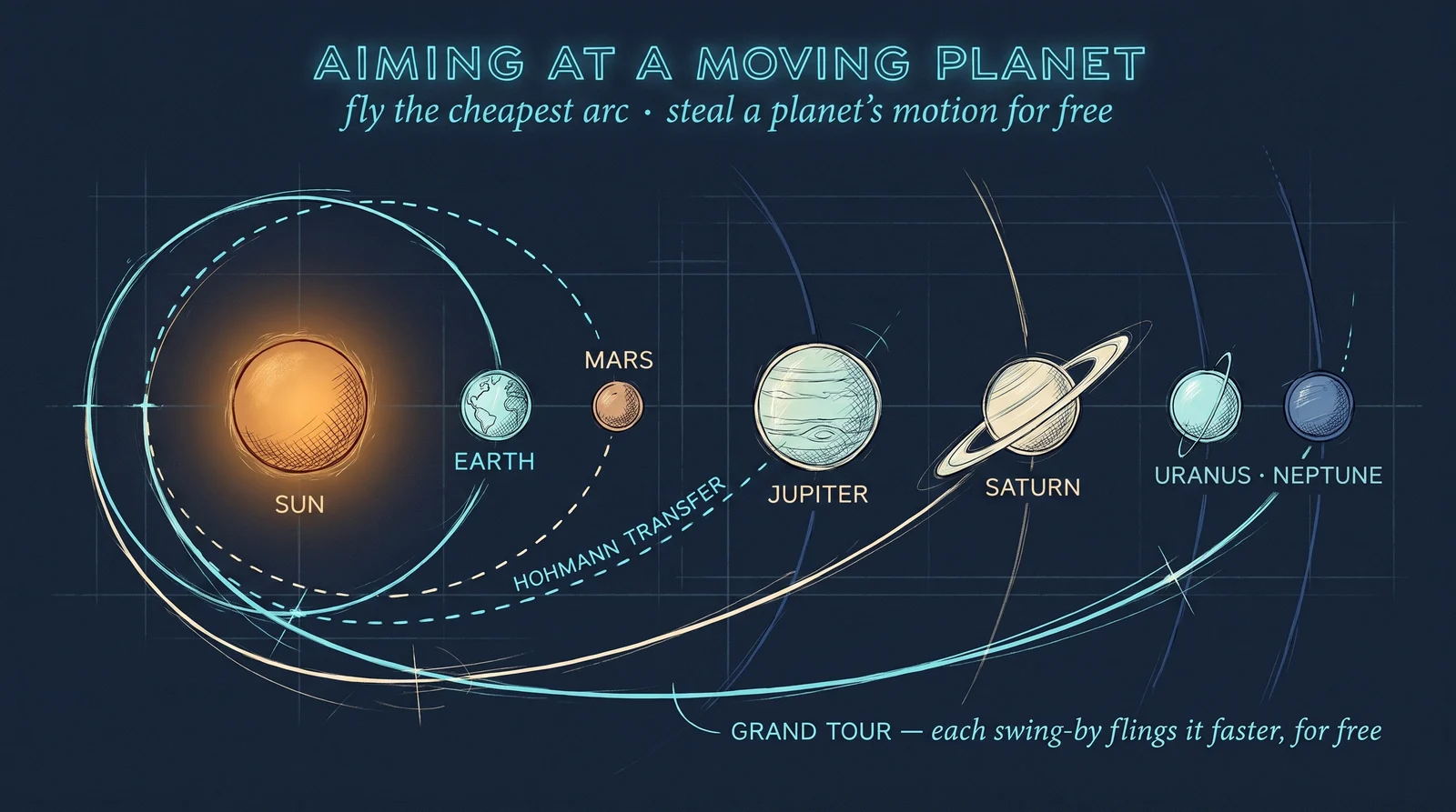 You never fly straight at it. A Hohmann transfer coasts along the cheapest arc to a moving planet; a gravity assist steals a whisper of a planet’s own motion for free — the trick that let one probe bank Jupiter into Saturn into Uranus into Neptune.