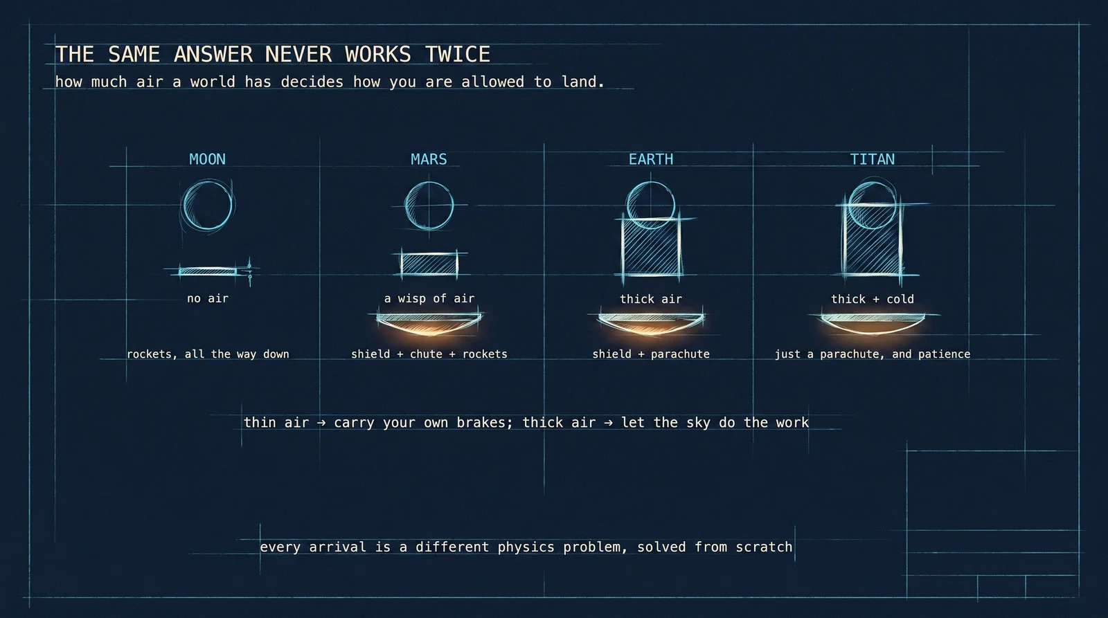 Every world hands you a different problem. The Moon has no air, so you fall on rockets alone; Mars has just enough to cook you but not enough to catch you; Earth and Titan have enough that a parachute does most of the work. No arrival is ever quite the arrival before it.