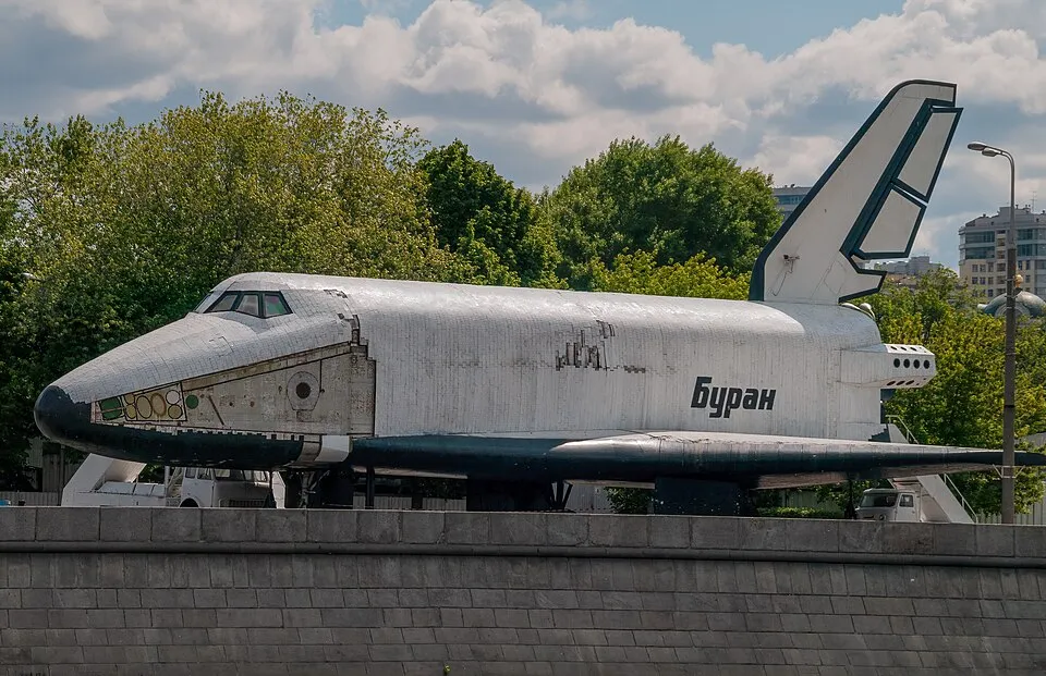 The Buran orbiter. It flew one perfect uncrewed mission in November 1988 and then never flew again — grounded by the collapse of the Soviet economy and, finally, of the Soviet Union itself.