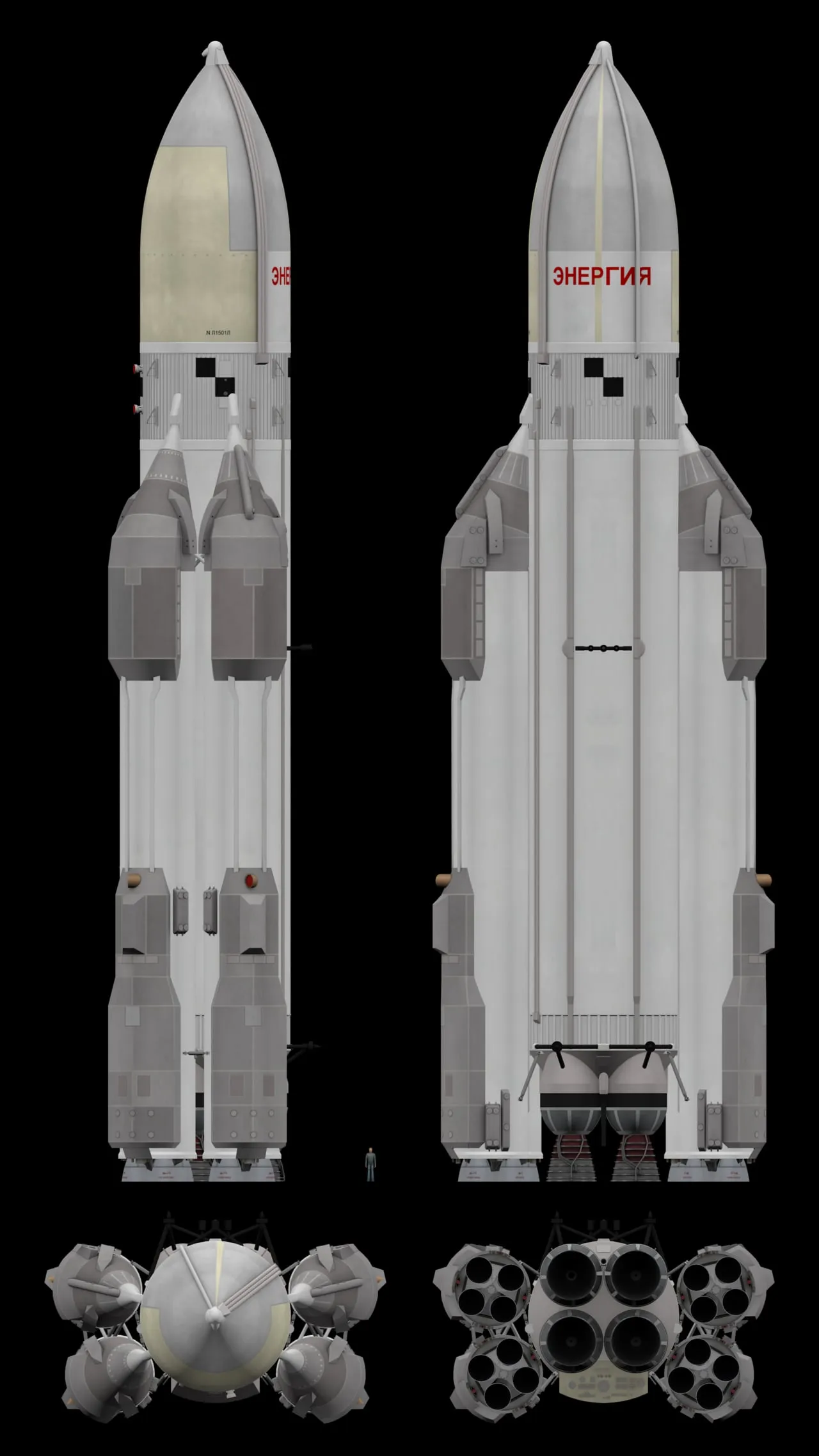 The Energia super-heavy launcher, which lifted Buran. Unlike the American orbiter, Buran had no main ascent engines: all the lift came from Energia, a genuine heavy-lift rocket in its own right — one of the most powerful ever flown, and the most powerful the Soviet Union ever flew successfully.
