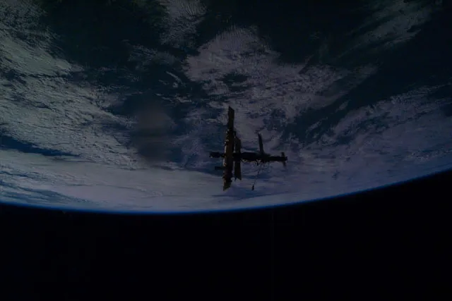 Mir in orbit over Earth — the first modular station, and the template, in architecture and in international partnership, for the International Space Station that replaced it.