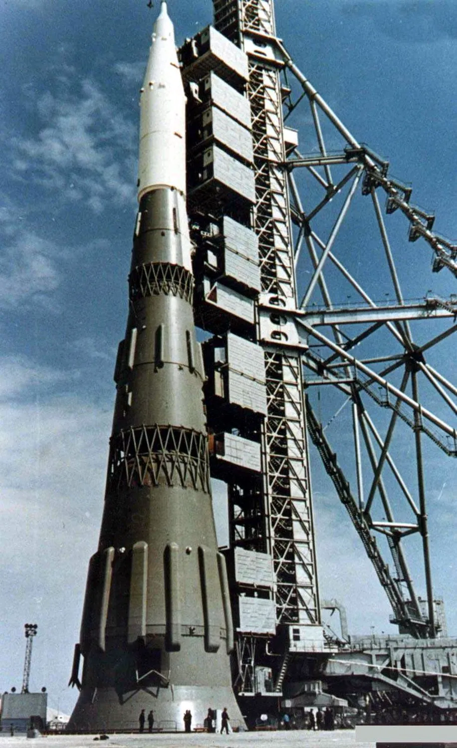 A US reconnaissance image of an N1 mockup at Baikonur, late 1967. For two decades the Soviet Union insisted the Moon rocket did not exist; to the outside world it was known mainly through American spy photographs like this one.