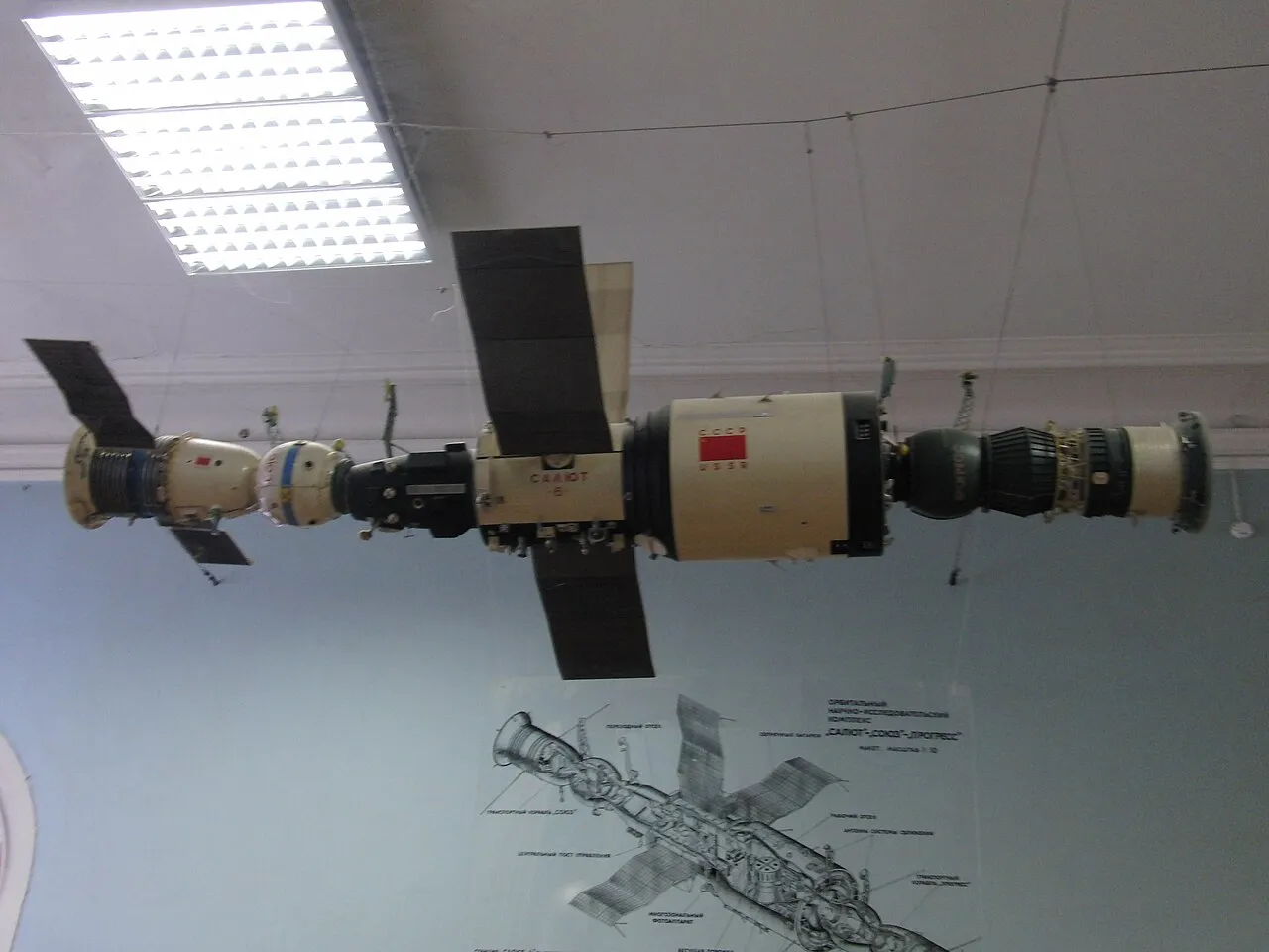 Salyut 6, with craft docked at both ends. Its second docking port was the breakthrough: a Progress freighter could refuel and resupply the station while a crewed Soyuz stayed attached — the innovation that turned a station from a place you visit into a place you can stay.