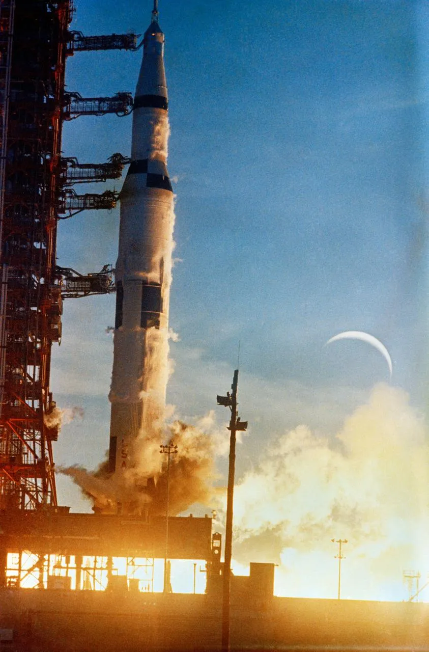 The Saturn V — 111 metres tall, about 3,000 tonnes on the pad, and the most powerful rocket ever to carry humans — and, for over fifty years, the most powerful ever flown, until SpaceX's Super Heavy in 2023. It existed for exactly one reason: to beat a deadline.