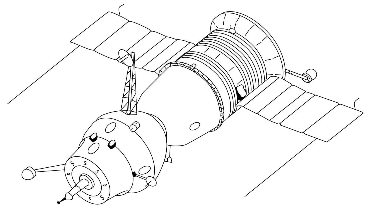 The first-generation Soyuz — three modules: a spherical habitation module, a bell-shaped descent module, and a service module. The basic architecture is still flying, more than half a century on.