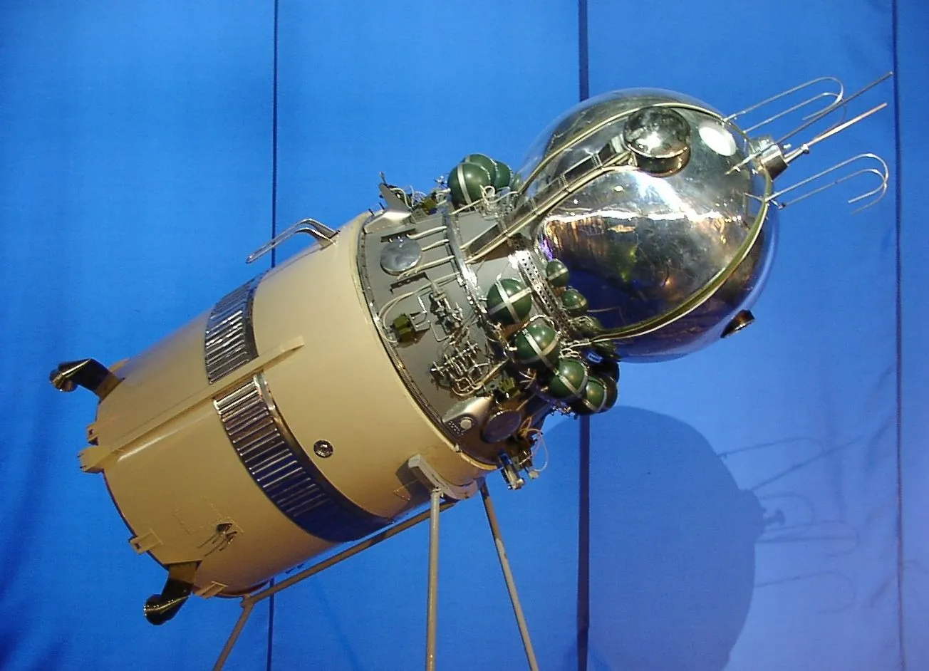 The Vostok descent module — a simple sphere, the one shape that survives reentry from any angle without steering. The cosmonaut rode it to a few kilometres, then ejected and parachuted down separately.