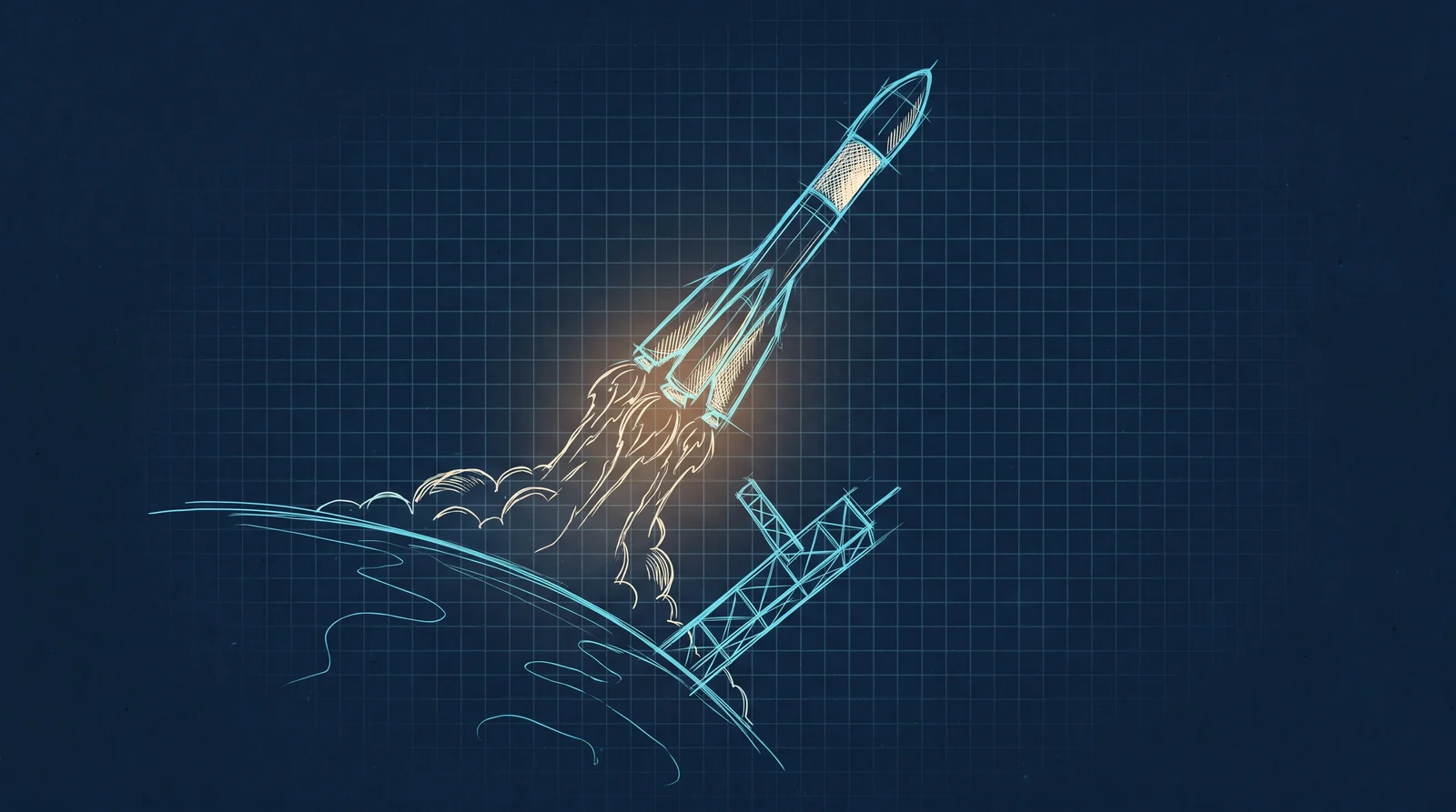 Hand-sketched rocket lifting off on a blooming exhaust plume, the gantry falling away beside it and Earth's curve faint below.