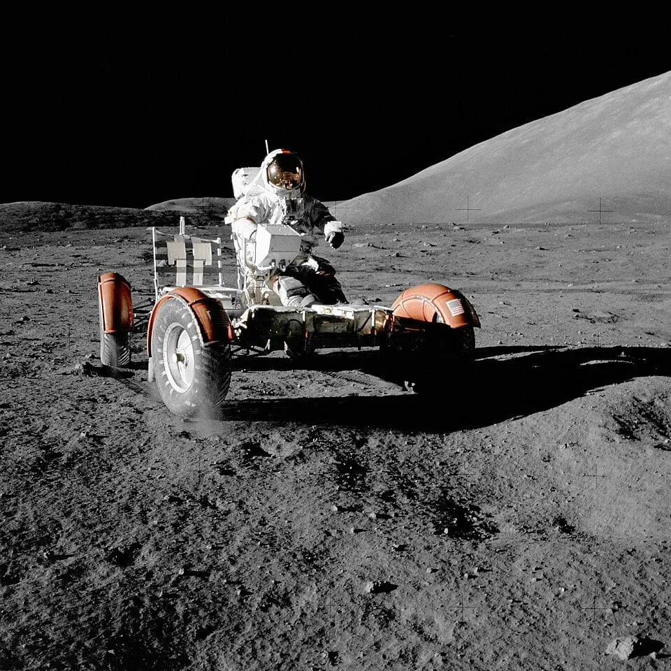 Apollo 17, December 1972 — the last time anyone walked on the Moon. The crews came back grey to the elbows: lunar dust clings, abrades, and works into every seal, and no one has yet had to keep it out for the months a settled presence would demand.