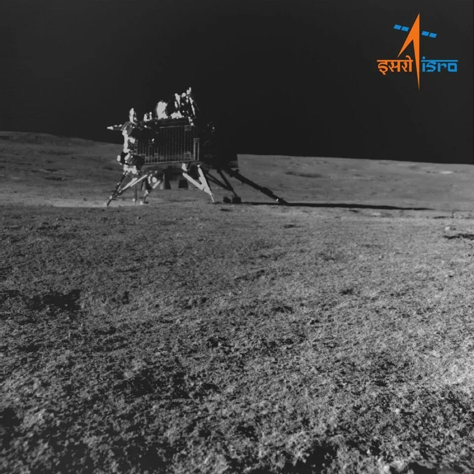 Chandrayaan-3’s Vikram lander on the southern highlands, August 2023 — the first craft to set down near the lunar south pole, closer to the ice than anything before it. It worked for a single lunar day before the fortnight-long night claimed it.