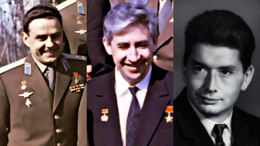 Voskhod 1's crew of three — Komarov, Feoktistov, Yegorov — the first multi-person spaceflight, flown in shirtsleeves with no suits and no escape system.