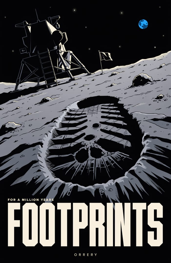 Footprints — For a million years. Orrery art poster.