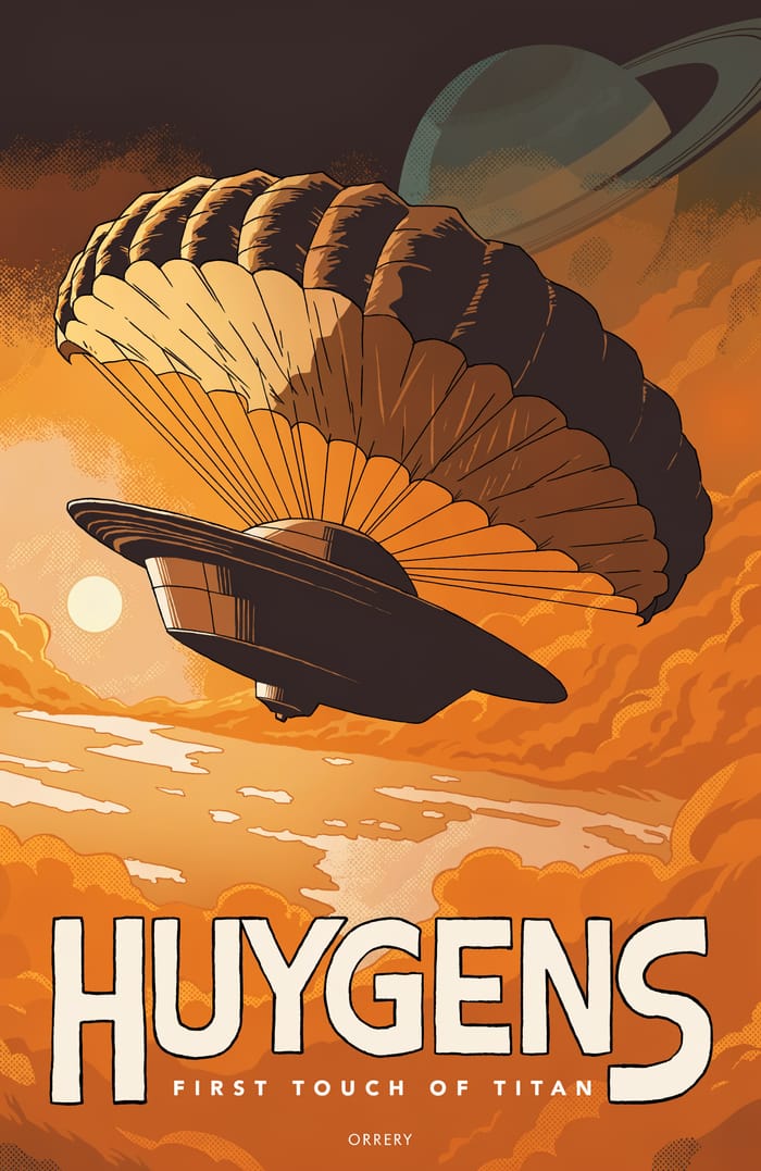 Huygens — First touch of Titan. Orrery art poster.