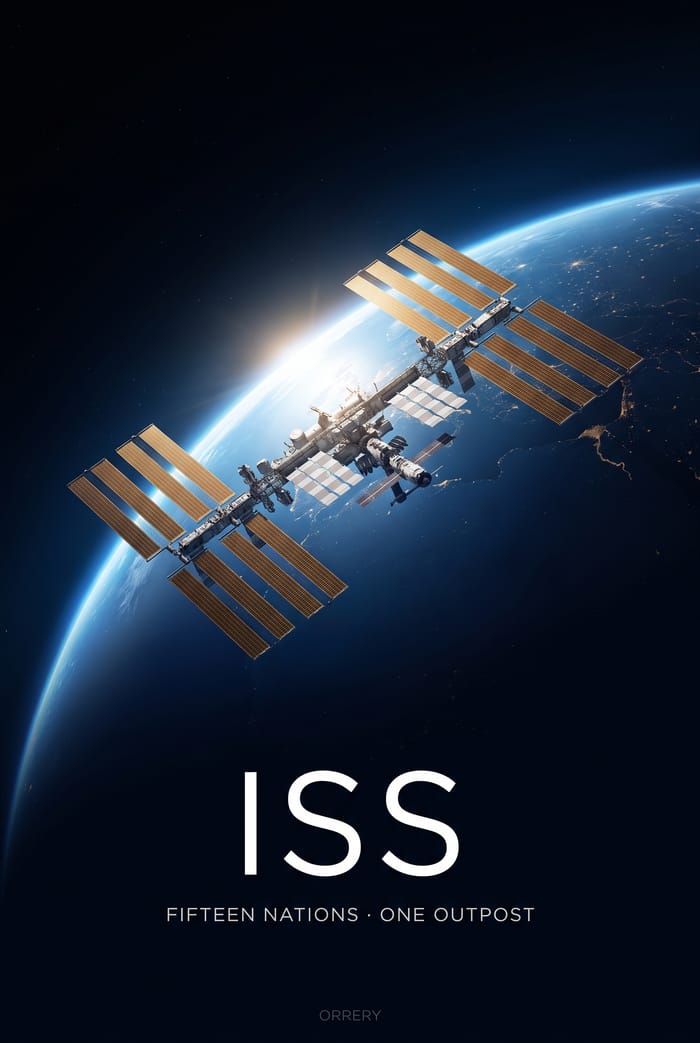 ISS — Fifteen nations · one outpost. Orrery art poster.