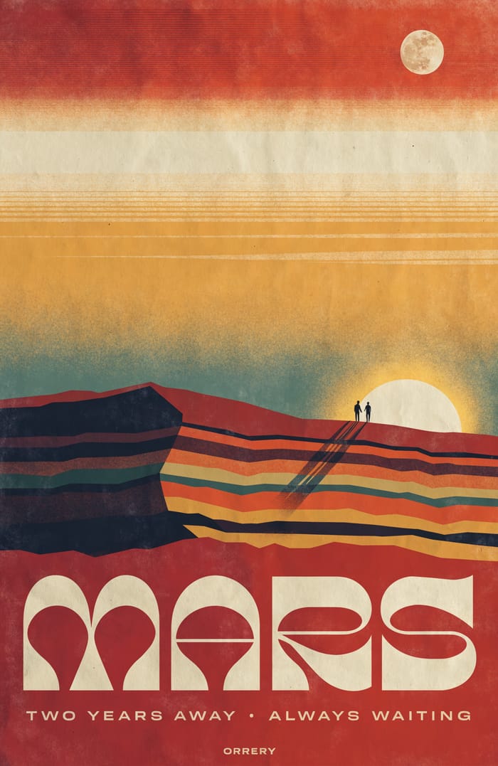 Mars — Two years away · always waiting. Orrery art poster.