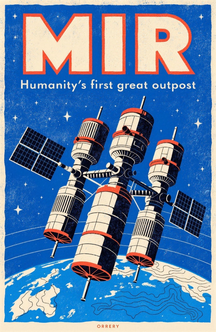 Mir — Humanity's first great outpost. Orrery art poster.