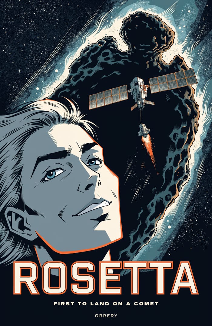Rosetta — First to land on a comet. Orrery art poster.