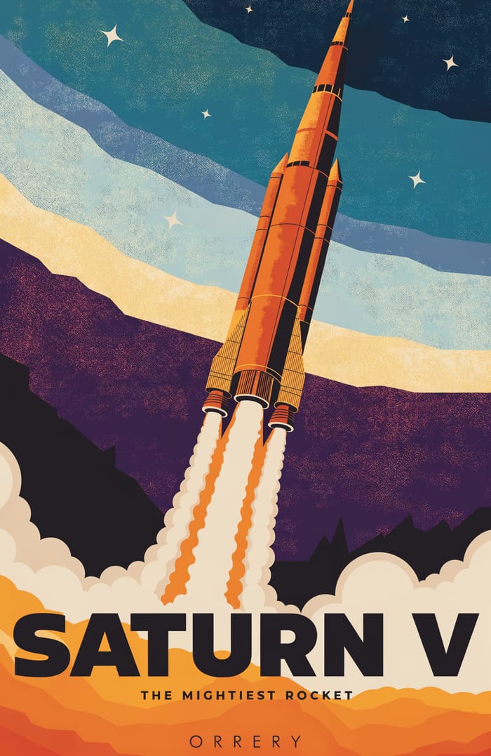 Saturn V — The mightiest rocket. Orrery art poster.
