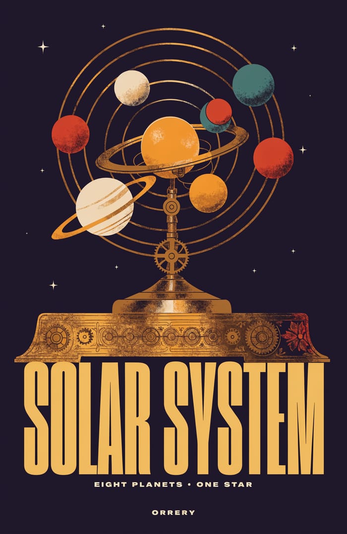 Solar System — Eight planets · one star. Orrery art poster.
