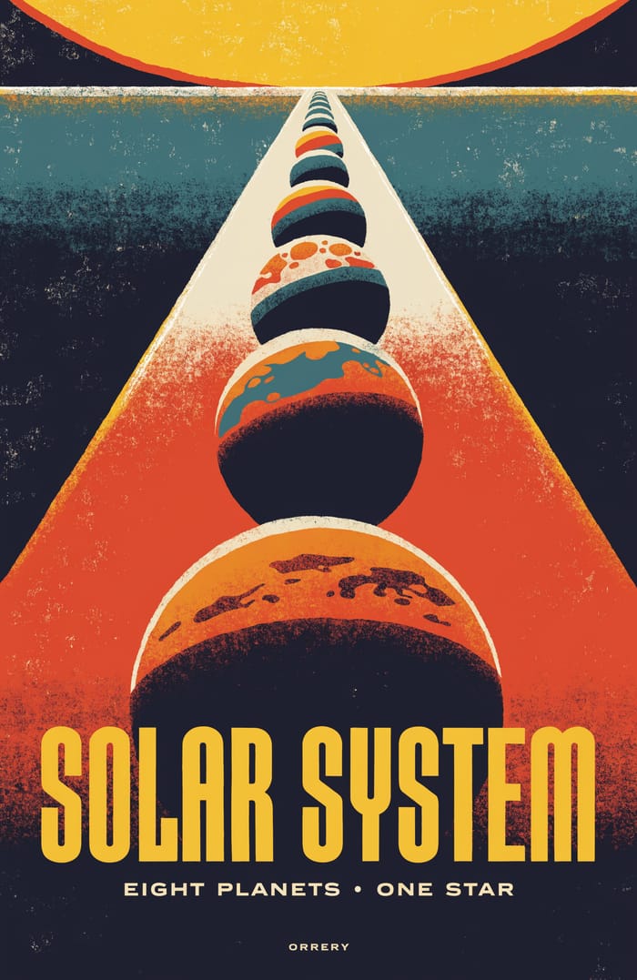 Solar System — Eight planets · one star. Orrery art poster.