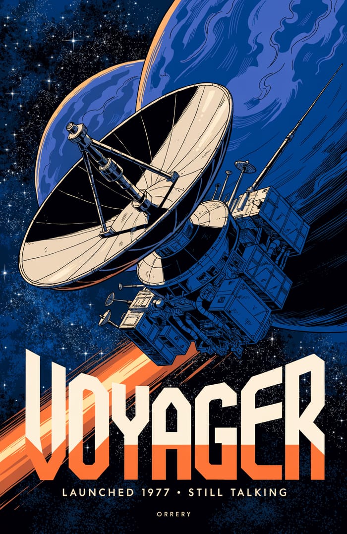 Voyager — Launched 1977 · still talking. Orrery art poster.